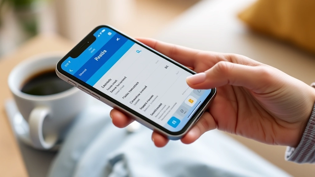 Close-up of hands holding smartphone showing mobile health app with lab results and medication list, casual home setting with coffee cup nearby, natural lighting, digital wellness management