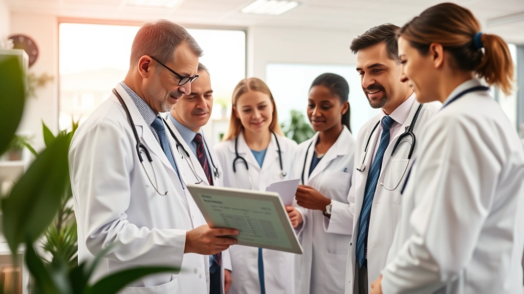Medical staff collaborating around tablet reviewing patient scheduling dashboard, warm office lighting, diverse healthcare team, organized clinic workspace with plants