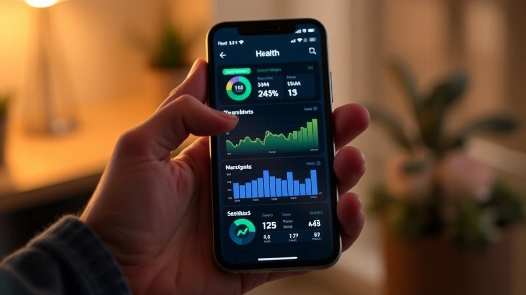 Close-up of smartphone displaying health dashboard with charts and wellness metrics, hands holding device, warm indoor lighting, modern wellness technology aesthetic