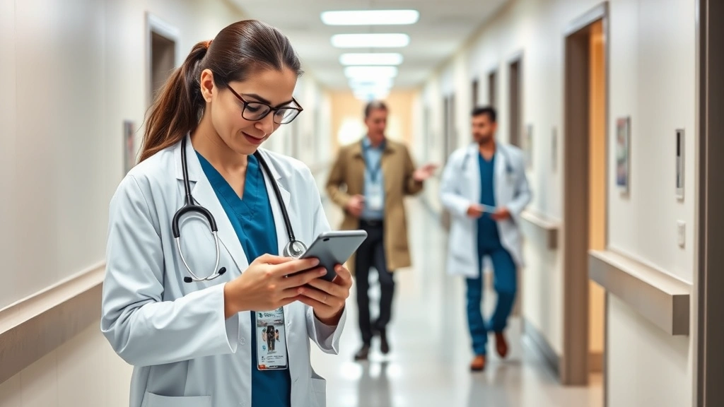 Healthcare professional on mobile phone checking patient portal notifications while walking through hospital corridor with colleagues in background