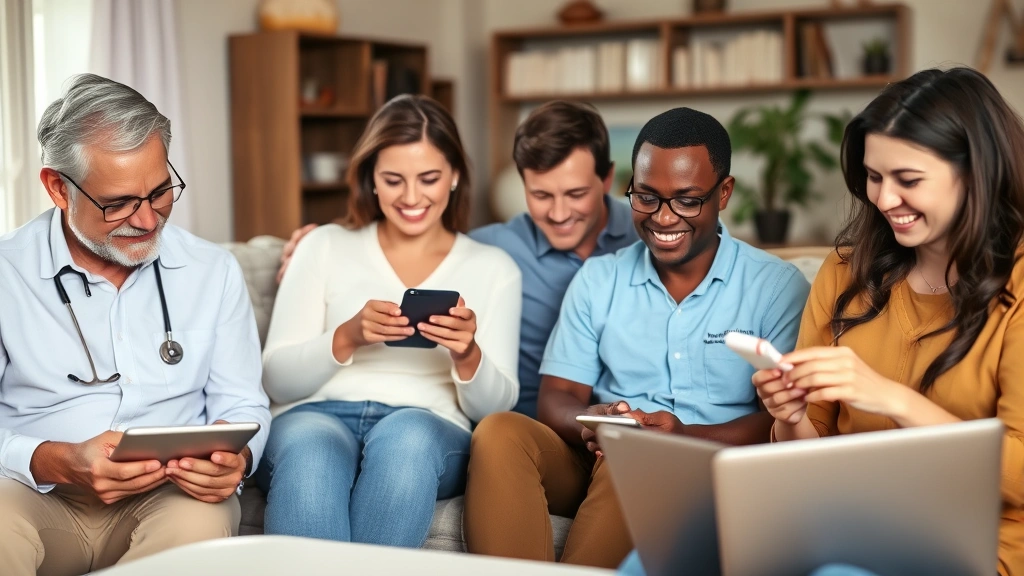 Diverse group of people in casual home settings managing prescriptions and medical records on various devices—tablet, phone, laptop—showing wellness coordination and health management routine