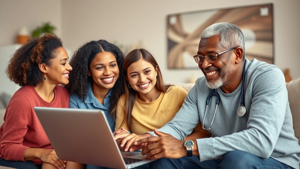 Diverse family having video consultation with healthcare provider on laptop, warm home setting, genuine smiles, trust and communication emphasized, contemporary living room background