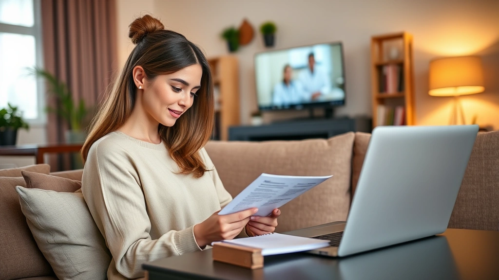 Young professional woman in comfortable living room reviewing medical documents on tablet while video calling with doctor on laptop, warm lighting, organized wellness workspace with health records and notebook visible