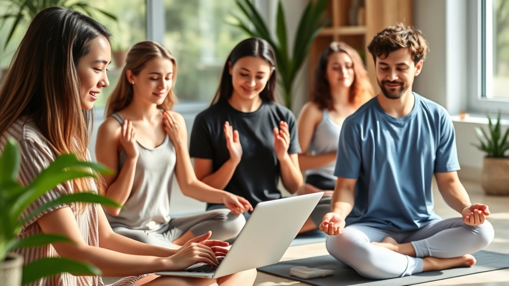 Diverse group of people in wellness setting—one reviewing health information on laptop, others exercising and meditating, natural daylight, integrated holistic health lifestyle imagery