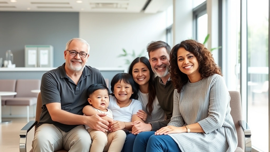 Diverse family sitting together in modern medical clinic waiting room, smiling and relaxed, natural lighting, contemporary healthcare environment