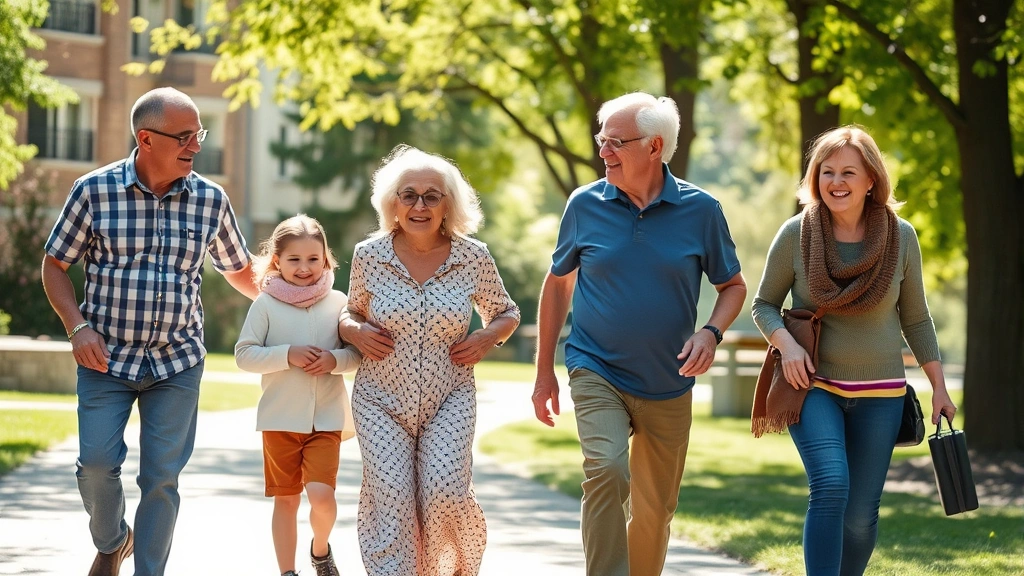 Multi-generational family walking outdoors in park, active and healthy, natural sunlight, wellness and vitality, diverse representation