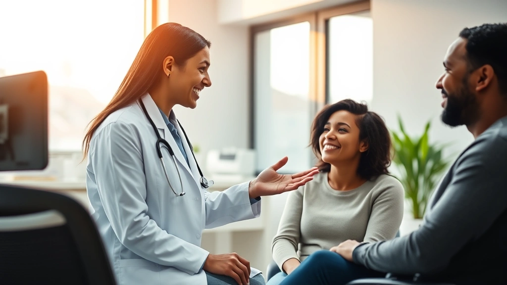 Professional healthcare provider in white coat consulting with diverse patient in modern clinic setting, warm natural lighting, friendly interaction, clean medical environment, contemporary office design