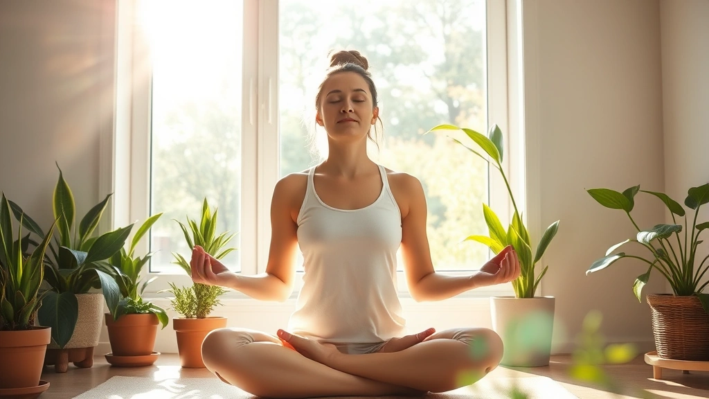 Woman meditating peacefully in bright morning sunlight near a window, surrounded by potted plants, serene wellness lifestyle environment