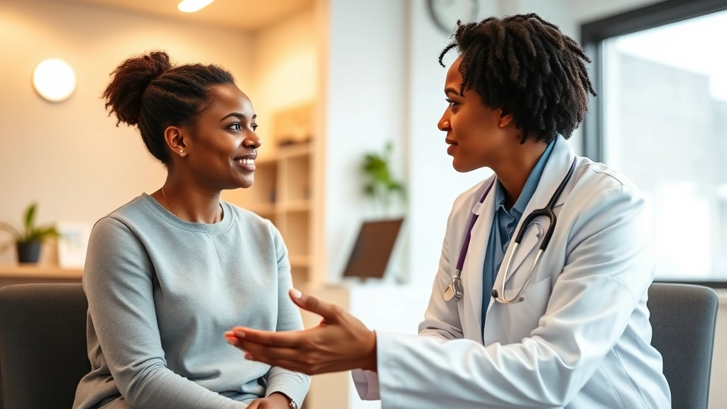 Professional healthcare provider in white coat consulting with diverse patient in modern clinic office, warm lighting, focused conversation, genuine connection