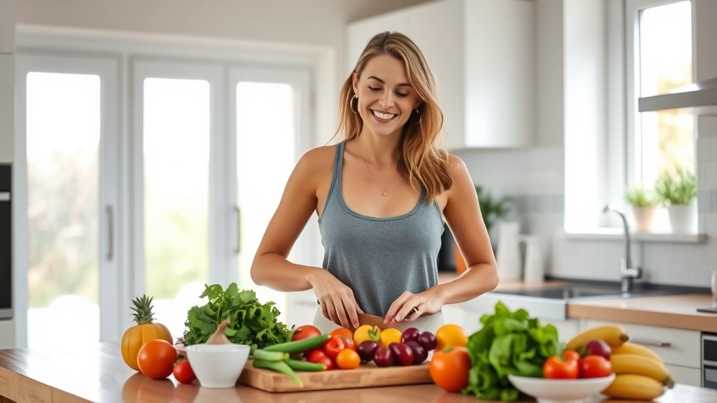 Woman in bright kitchen preparing colorful vegetables and fresh fruits on wooden cutting board, natural sunlight streaming through windows, wearing casual wellness attire, smiling while cooking healthy meal