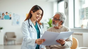 Professional female doctor in white coat smiling while reviewing health charts with middle-aged patient in modern bright clinic office, warm natural lighting, medical setting with health posters visible