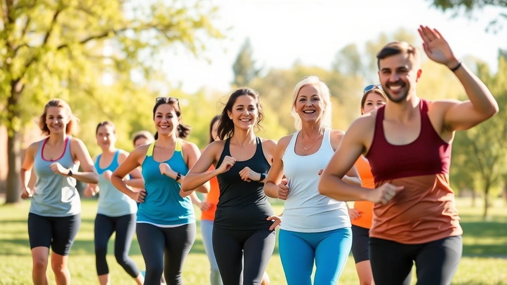 Diverse group of people exercising outdoors in a sunny park, smiling and energetic, wearing athletic clothes, representing community health and preventive wellness together