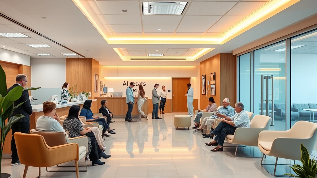 Modern healthcare clinic reception area with warm lighting, diverse patients and staff interacting, comfortable seating, welcoming atmosphere, professional yet inviting interior design