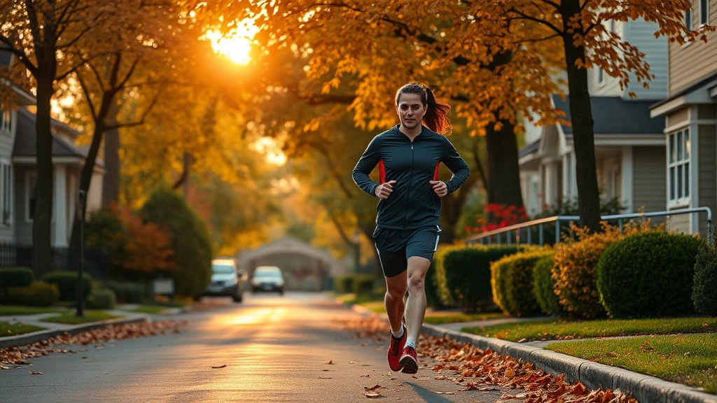 Morning jogger in North Central neighborhood street with autumn leaves, warm lighting, athletic wear, peaceful residential setting, natural surroundings