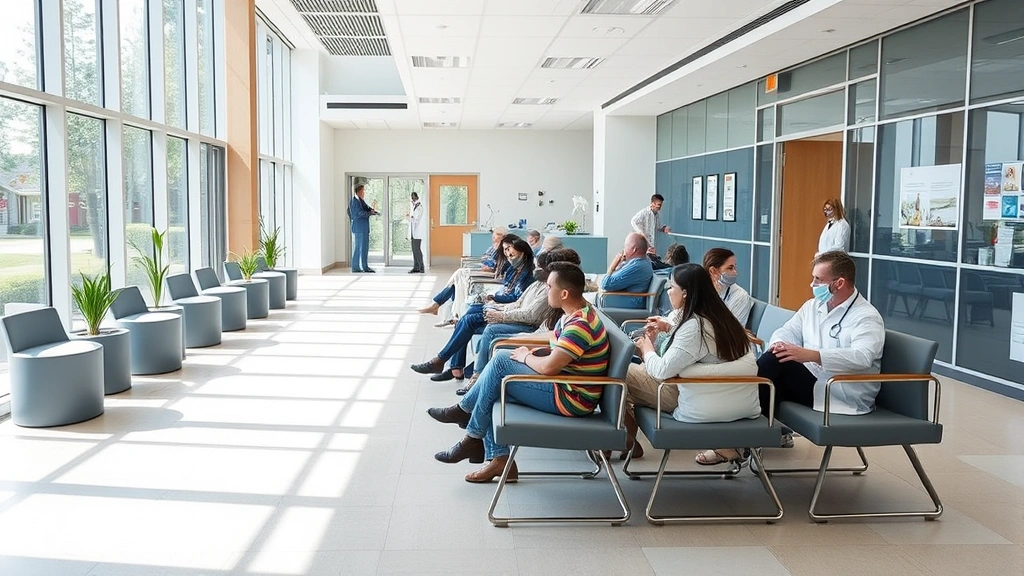 Modern medical facility waiting room with natural light, comfortable seating, diverse patients and healthcare staff collaborating, wellness-focused environment, clean contemporary design