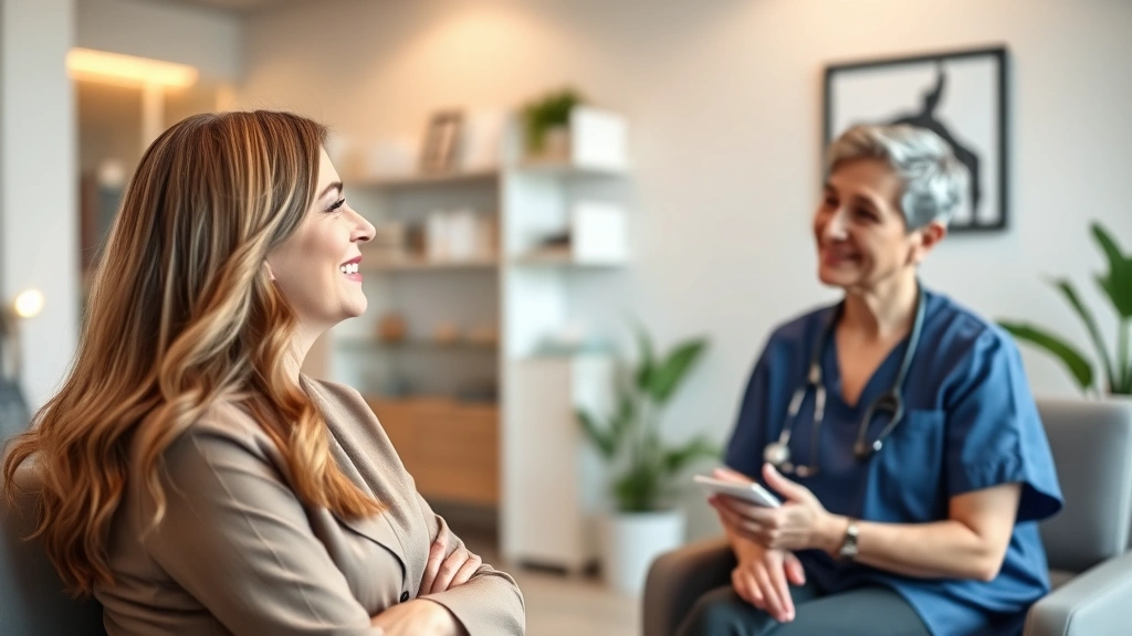 Professional woman in wellness center consulting with health provider in modern medical office, warm lighting, comfortable setting, both smiling and engaged in conversation about health goals