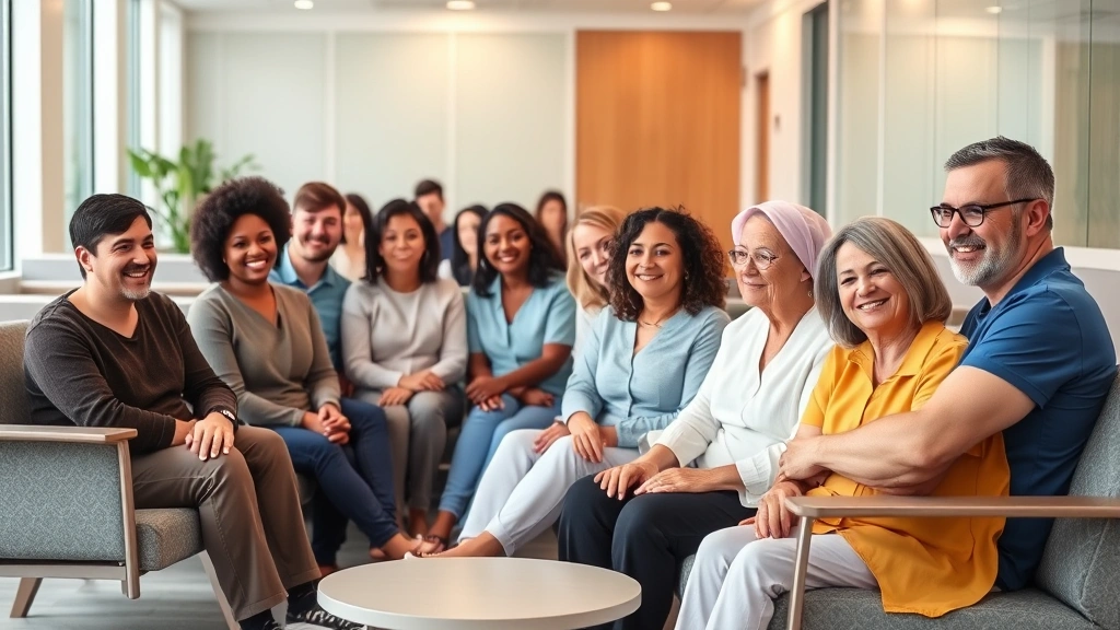 Diverse group of patients in modern clinic waiting room, comfortable seating, warm lighting, diverse ages and ethnicities, welcoming healthcare environment