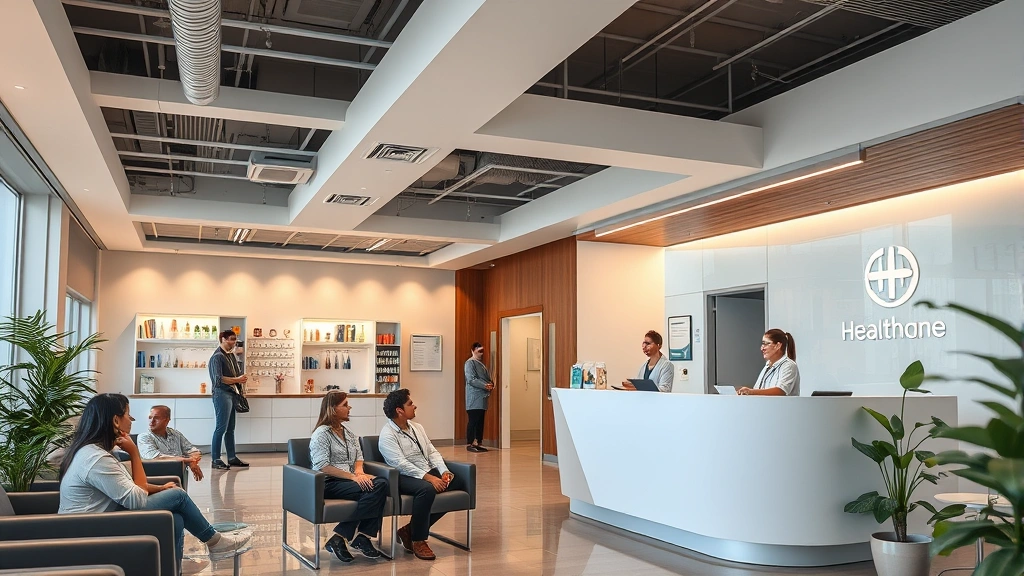 Modern healthcare clinic interior with friendly staff at reception desk, warm lighting, comfortable waiting area with diverse patients, clean contemporary design, welcoming atmosphere