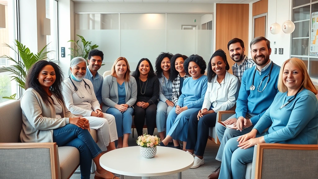 Diverse group of patients and healthcare providers in a modern clinic waiting room with welcoming decor, warm lighting, comfortable seating, diverse ethnicities and ages smiling