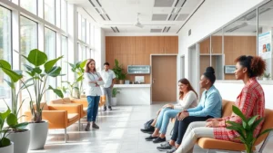 Modern healthcare clinic reception area with welcoming staff greeting diverse patients, natural lighting through large windows, contemporary furniture and wellness plants, bright and clean medical environment
