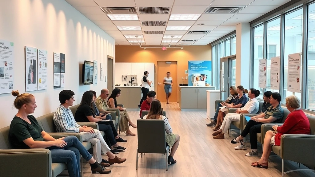 Modern medical clinic interior with diverse patients in waiting area, warm lighting, comfortable seating, health education posters on walls, welcoming atmosphere
