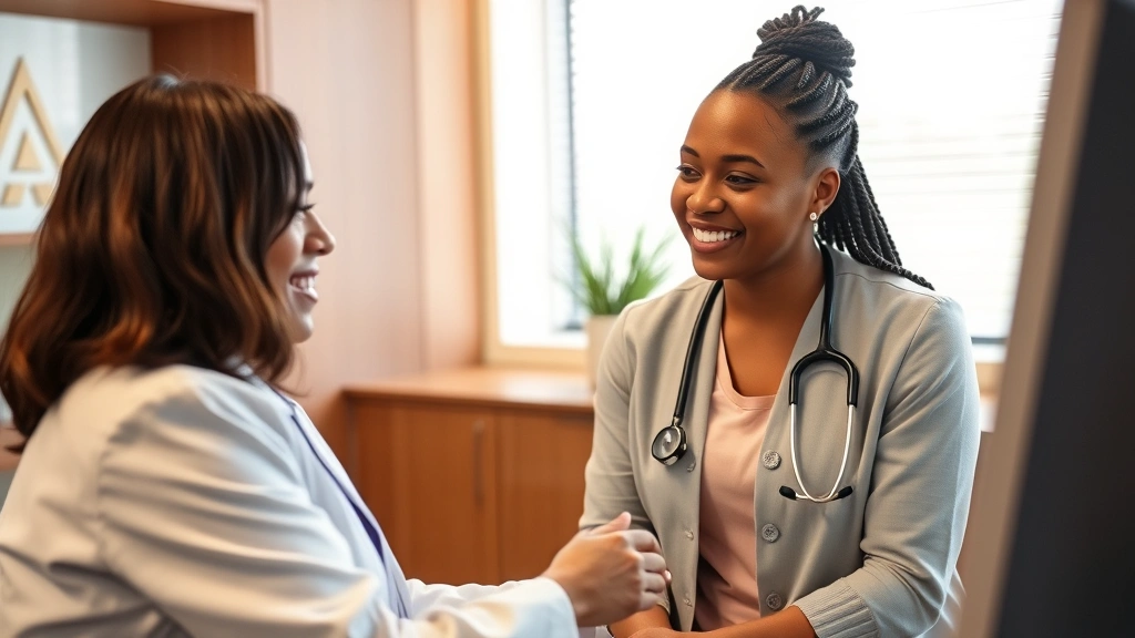 Professional healthcare provider having compassionate consultation with diverse patient in modern medical office, warm lighting, genuine connection, wellness focus