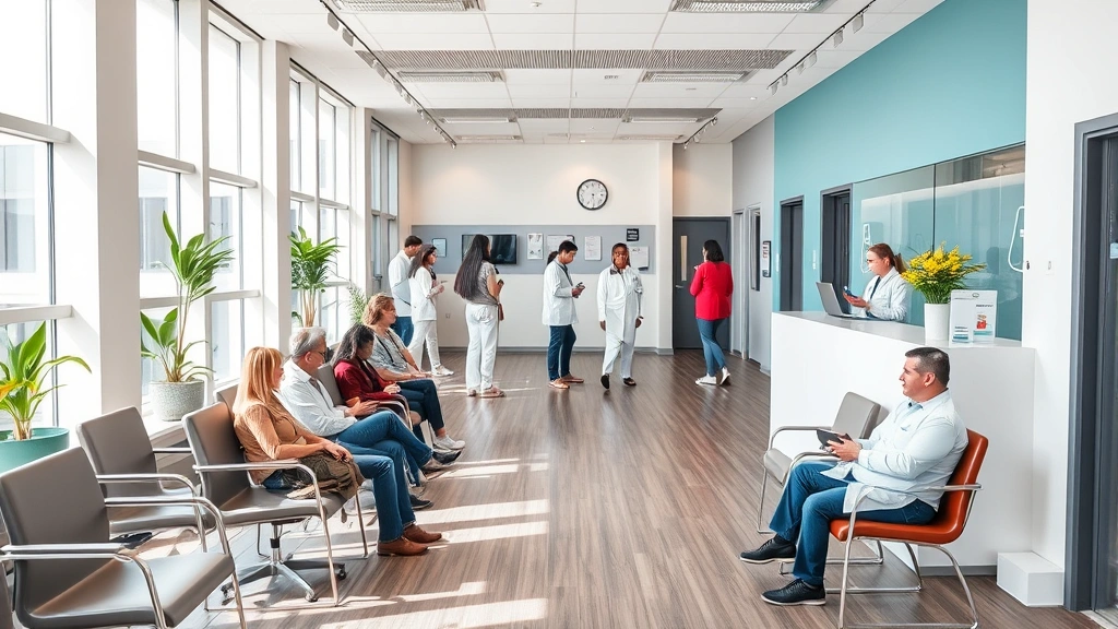 Modern medical clinic waiting room with comfortable seating, natural lighting, diverse patients checking in, welcoming reception desk with friendly staff, contemporary healthcare environment