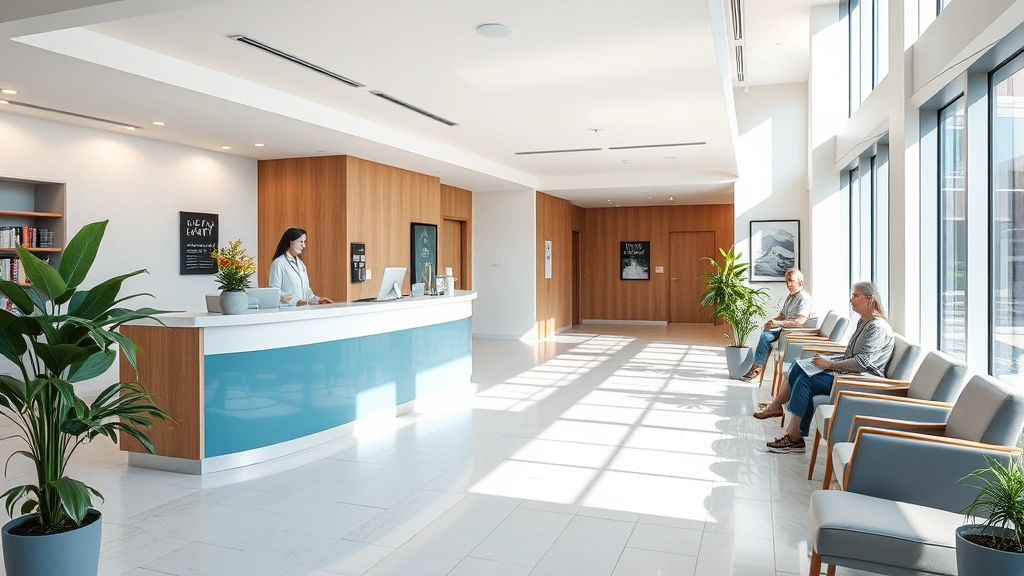 Modern medical clinic reception area with welcoming staff, comfortable seating, natural lighting, patients checking in at desk, contemporary healthcare facility interior design