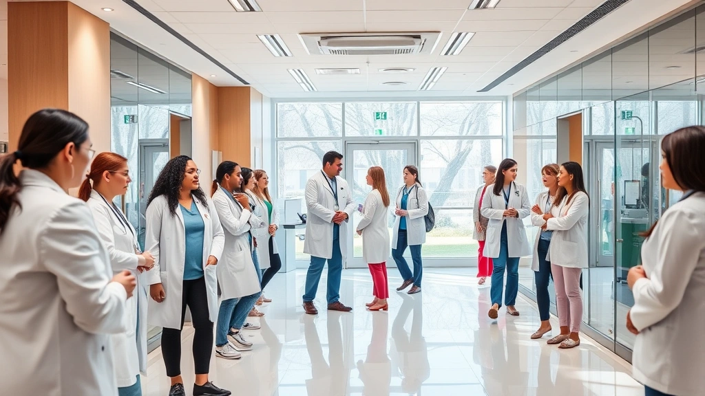 Modern healthcare facility interior with diverse medical professionals in white coats collaborating in a bright, welcoming clinic environment with natural light and contemporary design