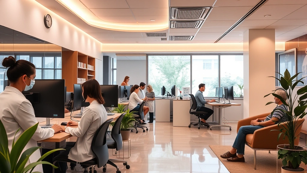 Modern healthcare clinic interior with diverse medical professionals collaborating at computer workstations, warm lighting, comfortable patient waiting area with natural elements, professional yet welcoming atmosphere