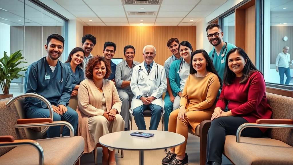 Diverse group of patients and healthcare workers in modern clinic waiting room with warm lighting, comfortable seating, welcoming atmosphere, professional medical staff smiling
