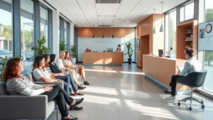 Modern healthcare clinic reception area with diverse patients, comfortable seating, professional staff at desk, bright natural lighting, welcoming atmosphere, clean contemporary design