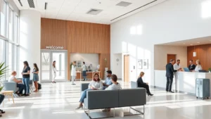 Modern healthcare facility interior with bright natural lighting, comfortable waiting area with contemporary seating, welcoming reception desk, diverse patients and healthcare professionals interacting, clean minimalist design, professional yet approachable atmosphere
