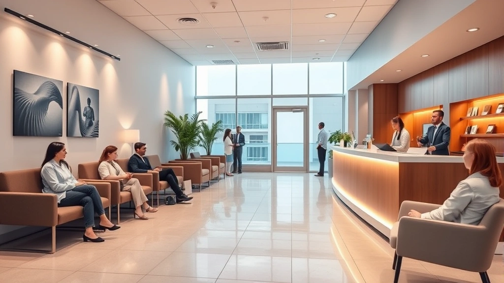 Modern healthcare clinic waiting room with warm lighting, comfortable seating, diverse patients checking in at reception desk, welcoming atmosphere, contemporary medical office design