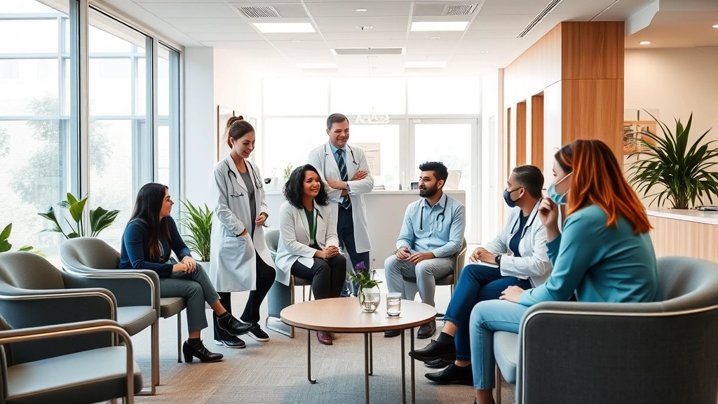 Modern healthcare clinic interior with welcoming reception area, comfortable seating, natural lighting, diverse patients and medical staff in professional attire interacting warmly