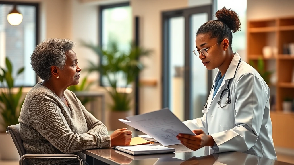 Professional healthcare provider in white coat reviewing patient chart in modern clinic, warm lighting, diverse middle-aged patient sitting across desk, digital health records visible, calm welcoming environment, contemporary medical office interior with plants and natural light