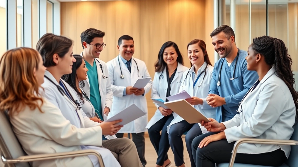 Diverse medical team in modern clinic consultation room, smiling healthcare professionals with patients discussing treatment plans, warm natural lighting, contemporary healthcare setting