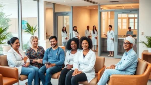 Diverse group of patients sitting in a modern, welcoming healthcare clinic waiting room with warm lighting, comfortable seating, and diverse healthcare providers visible through glass office doors, creating inclusive atmosphere