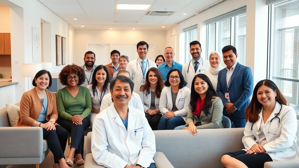 Diverse group of patients and healthcare providers in modern clinic waiting room, warm lighting, people of different ages and ethnicities smiling, welcoming environment with comfortable seating