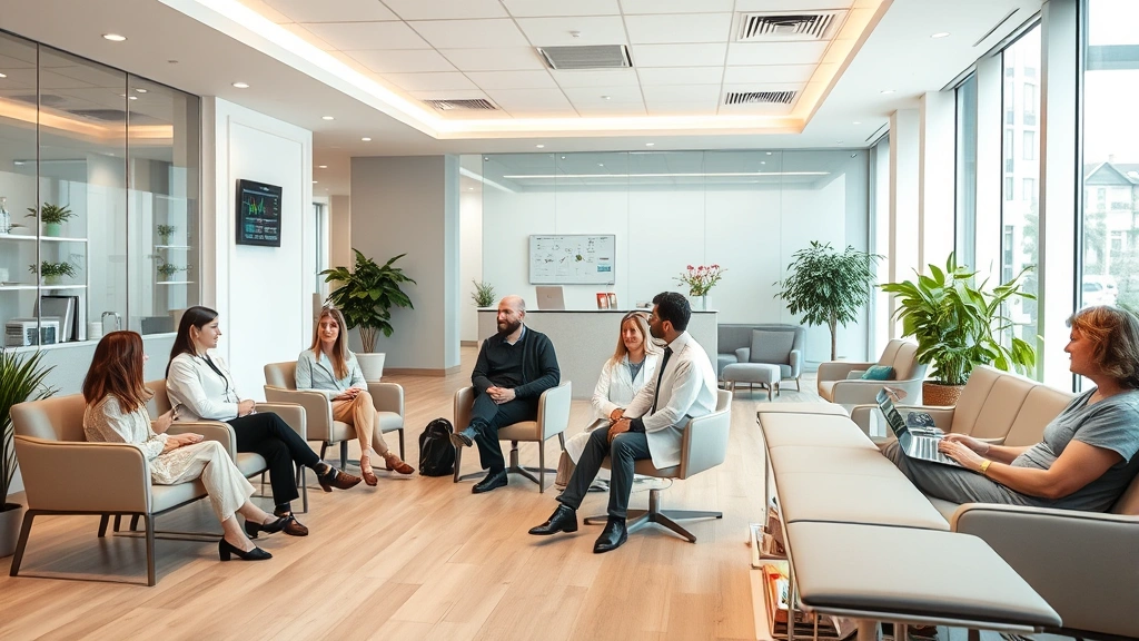 Modern medical clinic waiting room with diverse patients, warm lighting, comfortable seating, contemporary healthcare environment, welcoming atmosphere, professional yet relaxed setting