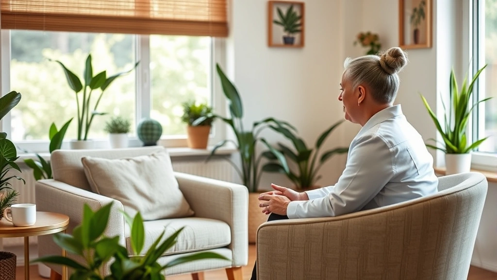 Mental health counselor and patient in peaceful therapy session, comfortable seating, natural window light, supportive body language, professional yet welcoming therapy office with plants and calming decor