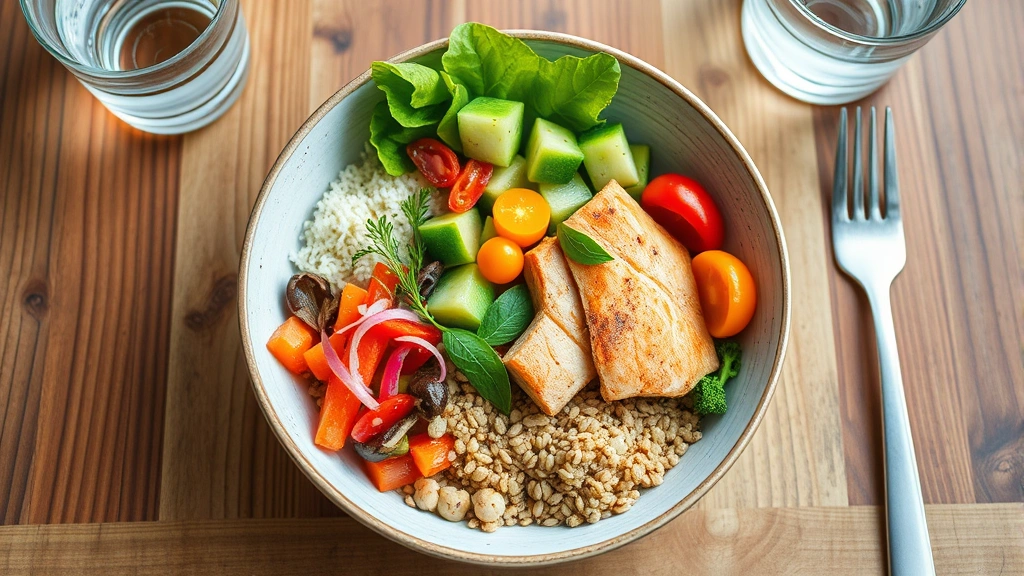 Nutritious colorful meal bowl with fresh vegetables, grains, and lean protein on wooden table with water glass, healthy eating lifestyle