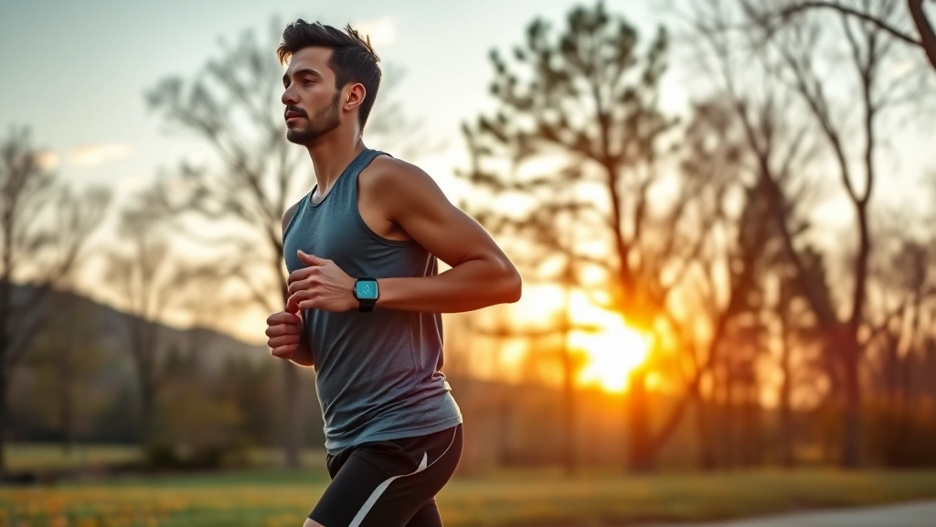 Fit person of color jogging through scenic park at sunrise, wearing fitness tracker, natural landscape, energetic movement, health-focused lifestyle