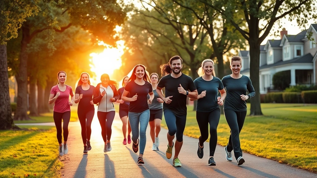 Diverse group of people jogging together on tree-lined park path during golden hour, athletic wear, happy expressions, suburban neighborhood background, natural healthy lifestyle scene