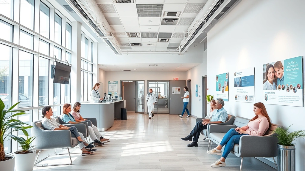 Modern medical office reception area with welcoming staff, diverse patients in comfortable seating, natural lighting, and health education materials on walls, depicting accessible healthcare