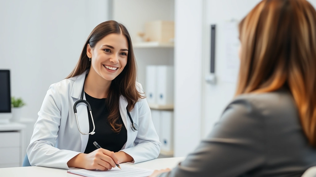 Female patient smiling during consultation with female doctor in bright clinical office, both engaged in conversation, stethoscope visible, medical charts on desk, professional healthcare setting