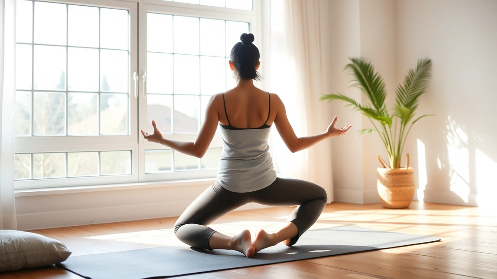 Woman in meditation pose on yoga mat by large window, soft natural light streaming in, calm peaceful bedroom environment, mindfulness practice moment