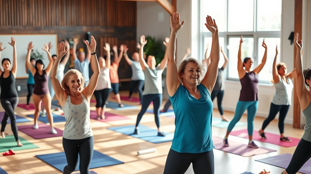 Diverse group of people in yoga or fitness class at community health center, bright natural light, everyone practicing wellness activities with energy and focus, inclusive environment