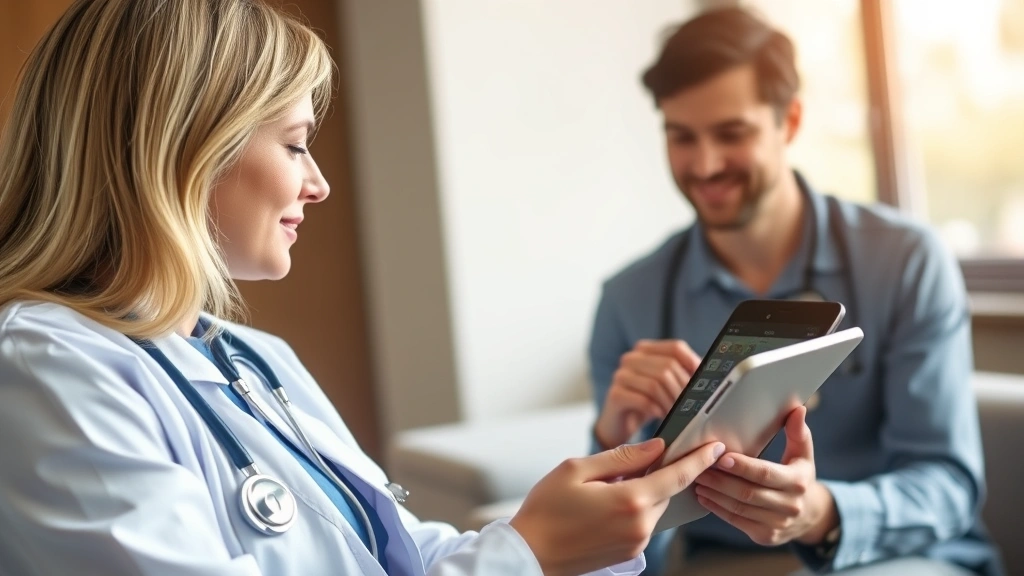 Healthcare professional conducting telemedicine consultation, modern tablet device, professional setting, warm natural lighting, engaged patient interaction
