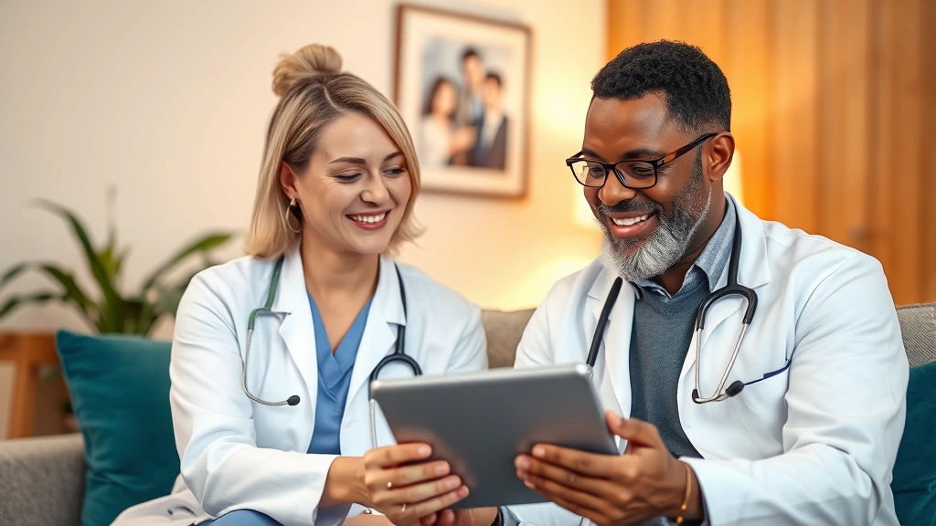 Doctor and patient having friendly consultation in comfortable office setting, reviewing health records together on tablet, warm lighting, diverse healthcare provider and patient showing trust and communication